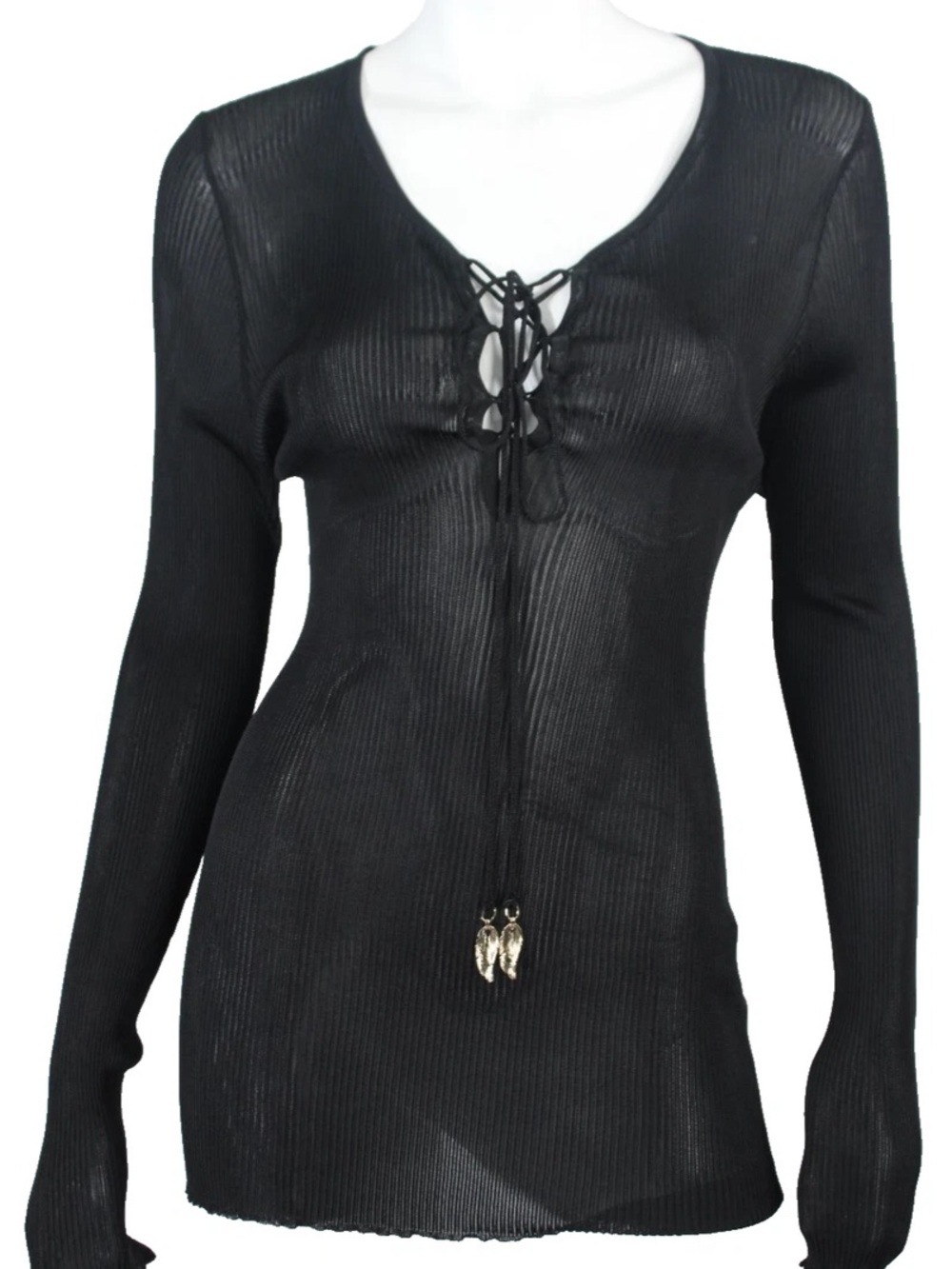 Roberto Cavalli Black Ribbed       Crisscross V-Neck Knit Top